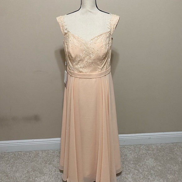 Peach Chiffon Dress A-line/Princess Off-the-Shoulder Sleeveless Tea-Length - Picture 5 of 7